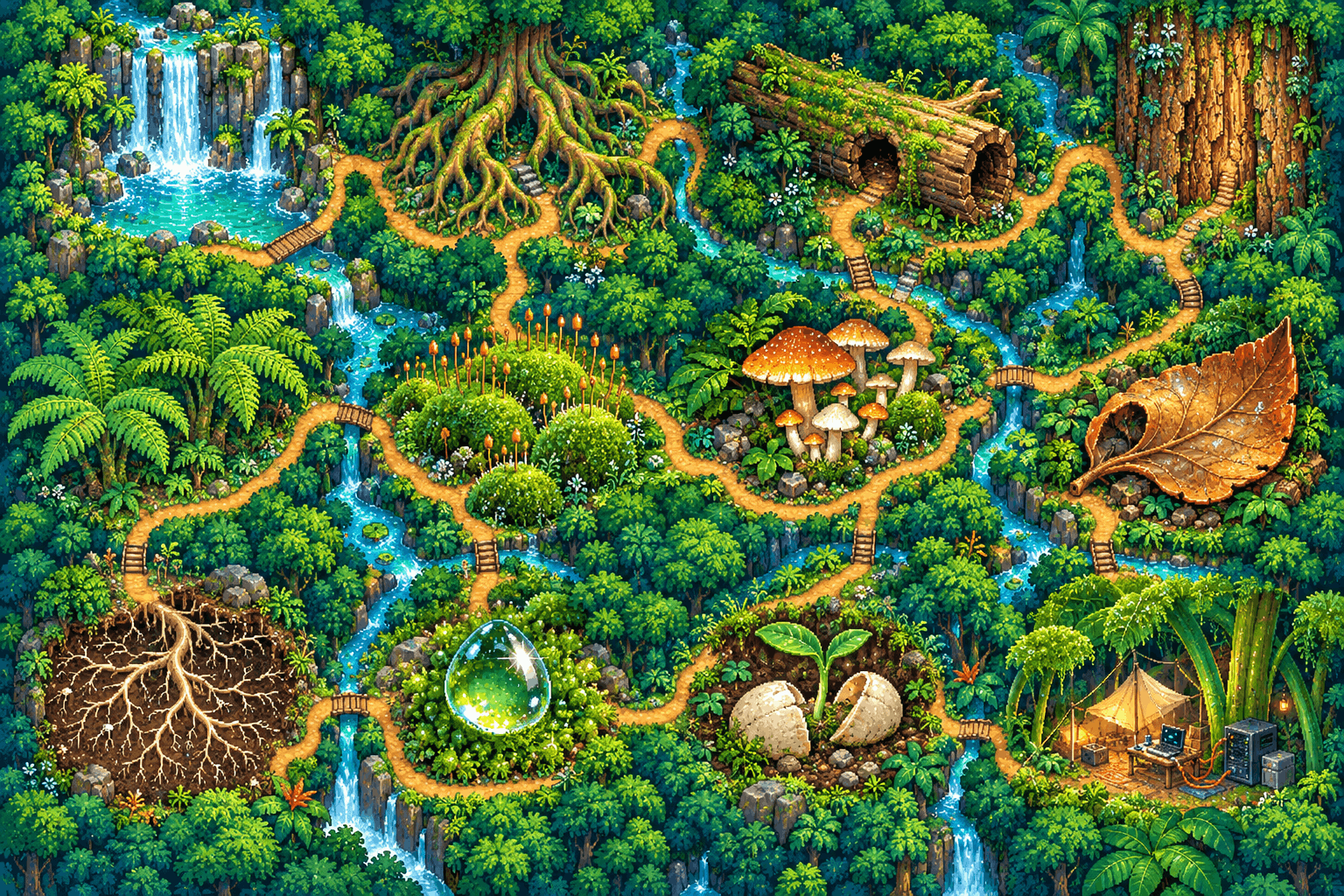 A colorful pixel jungle map with waterfalls, roots, ferns, mushrooms, a dew drop and a tiny camp linked by winding paths.